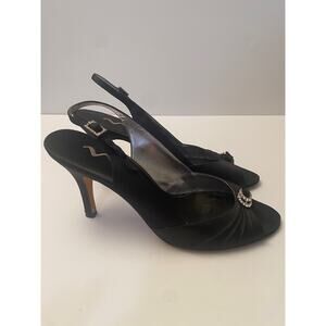 NINA Women's Black Open Toe Heels Rhinestone Accents Slingback Size 10 M EU 40